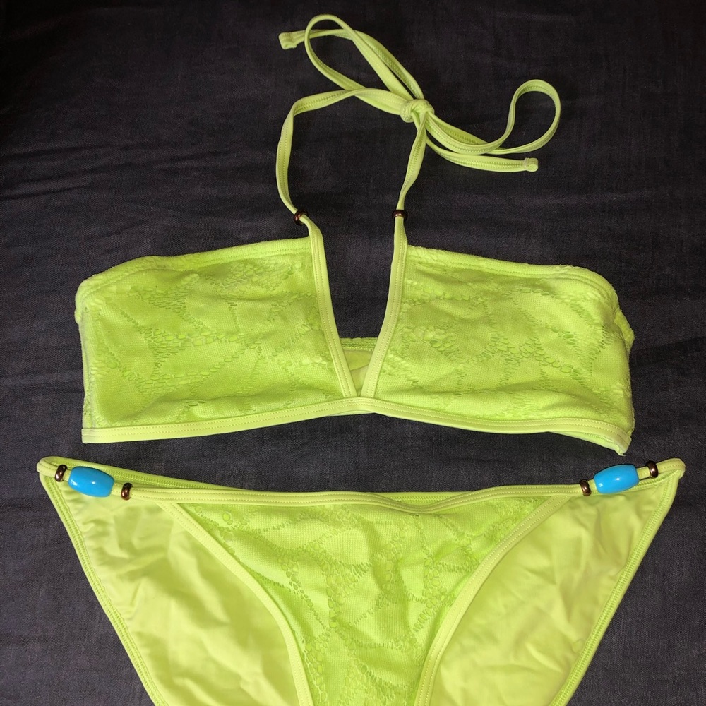 Aerie neon green mesh bikini with beads